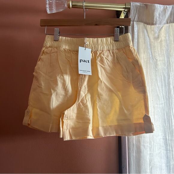 Pact Daffodil Rhea Tabbed Shorts Pull On Yellow Linen Organic Cotton NWT Size S - Picture 1 of 4
